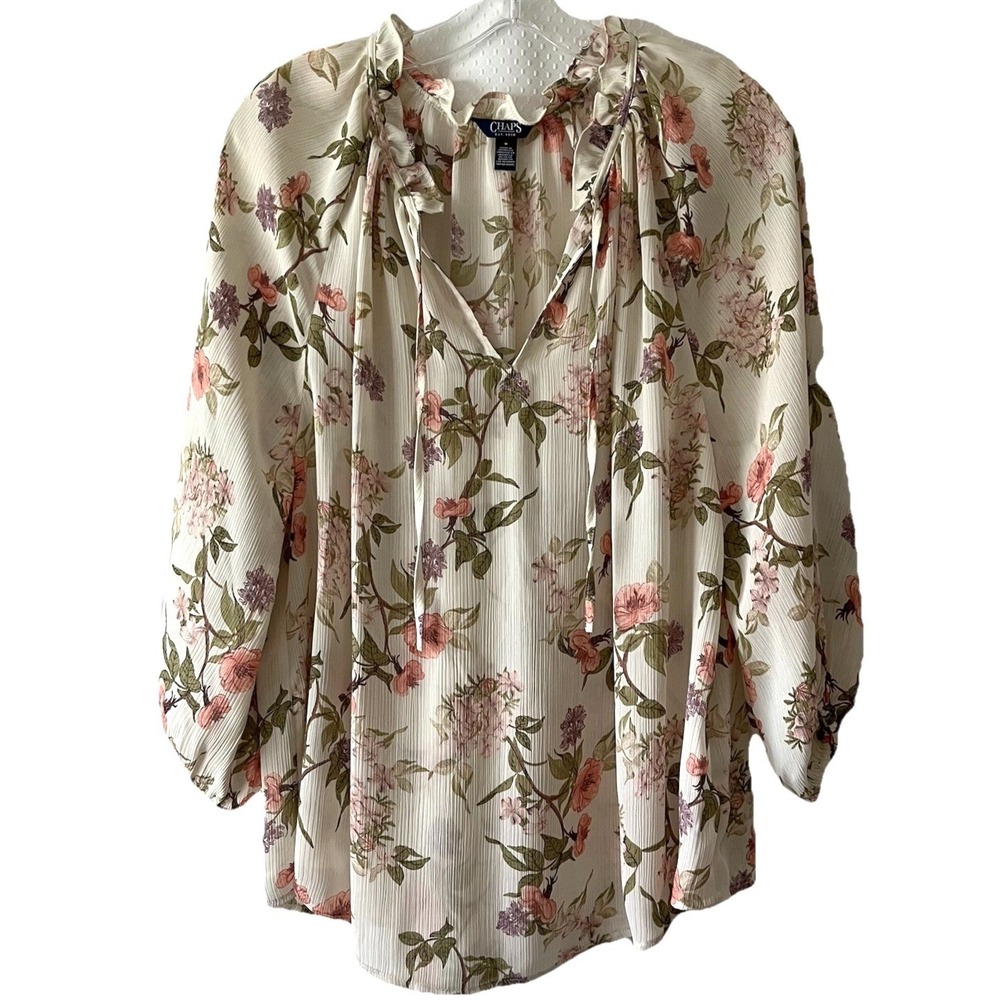Chaps Women's Crepe‎ Top Size M Beige Georgette Ruffle 3/4 Sleeve Floral Peasant